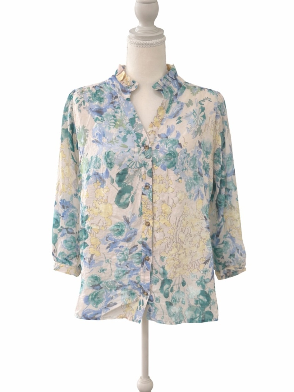 Hudson Gray Floral Blouse M Sheer Button Front Ruffle Collar Top